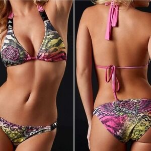 Sinful Y2k Bling Rhinestone Affliction Hydrogen Pyramid Bikini,rose Zebra Sz S&L